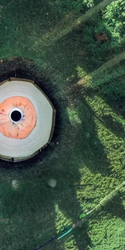 Image similar to huge giant eyeball sitting in a park, drone shot, 5 0 mm f 2. 5, daylight