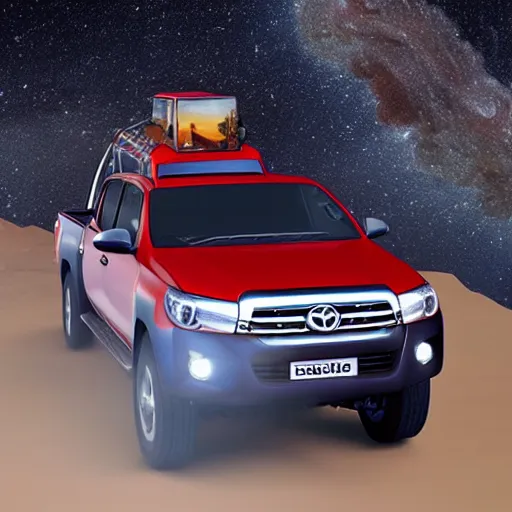 Prompt: A realistic digital photograph of Jeremy Clarkson from the television show Top Gear driving a Toyota Hilux pickup truck to the Moon