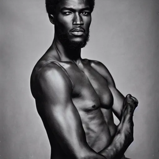 Prompt: the handsome african male model and the black panther, black and white, by richard avedon,