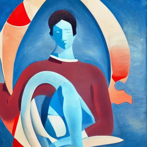 Image similar to A beautiful sculpture of a man in a red suit with a blue background. The man's eyes are closed and he has a serene, content look on his face. His arms are crossed in front of him and he appears to be floating in space. The blue background is swirling with geometric shapes and patterns. by John Harris tranquil, kaleidoscopic