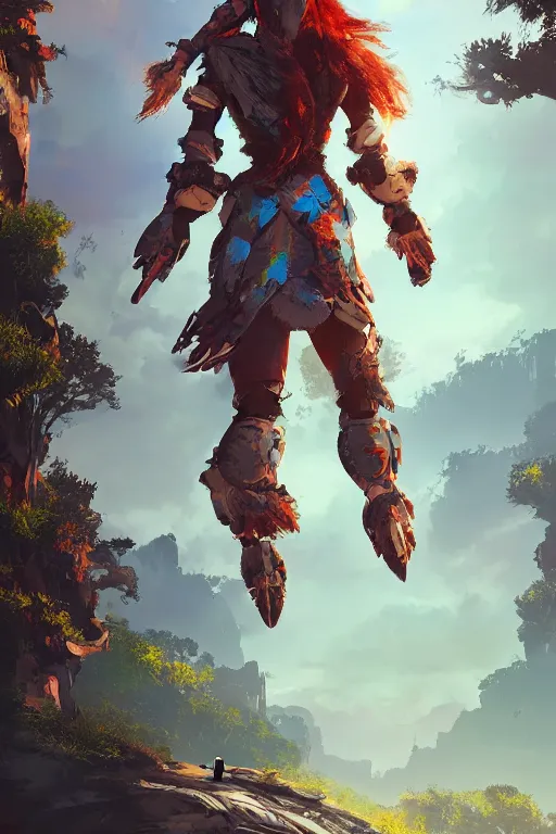 Image similar to combination suit armor aloy horizon forbidden west horizon zero dawn radiating a glowing aura global illumination ray tracing hdr fanart arstation by ian pesty and alena aenami artworks in 4 k tribal robot ninja mask helmet backpack