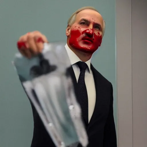Prompt: Alexander Lukashenko as The American Psycho, covered in blood