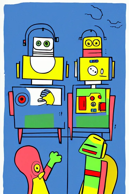 Prompt: an illustration of robots watching tv in the style of goodnight moon by margaret wise brown