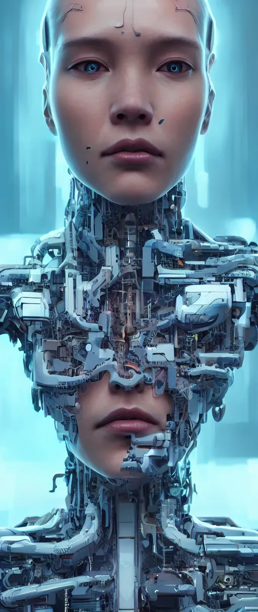 Image similar to portrait of a female cyborg. intricate abstract. intricate artwork, by tooth wu, wlop, beeple, dan mumford. concept art, octane render, trending on artstation, greg rutkowski very coherent symmetrical artwork. cinematic, key art, hyper realism, high detail, octane render, 8 k, iridescent accents