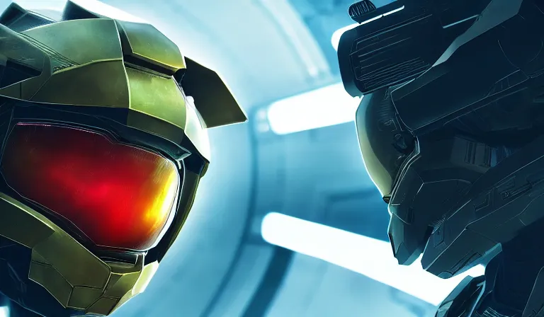 Prompt: cyberpunk halo helmet on space looking up, close shot, reflection, epic, dramatic, cinematic, award winning, ultra detailed, realistic, 8k,