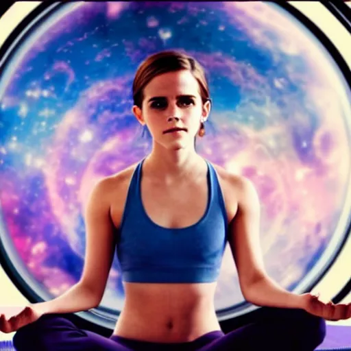 Image similar to emma watson as yoga instructor in space, trending high quality art station, cinematic shot, magical colors and atmosphere, perfect composition, coherent, realistic, professional 8 k