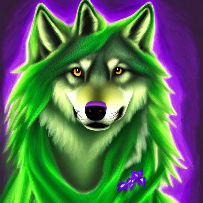 Prompt: a digital painting of an anthropomorphic female wolf fursona with long violet hair wearing a green dress, symmetry, focus, furry, soft lighting, oil on canvas, hyper detailed