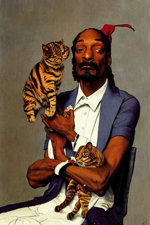 Image similar to snoop dogg and his cats painted by norman rockwell