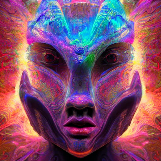 Prompt: Face of a Alien Deity, corals, plume made of geometry, extremly detailed digital painting, sharp focus in the style of android jones, artwork of a futuristic artificial intelligence superstar, mystical colors, rim light, beautiful lighting, 8k, stunning scene, raytracing, octane, under water visual distortion, trending on artstation