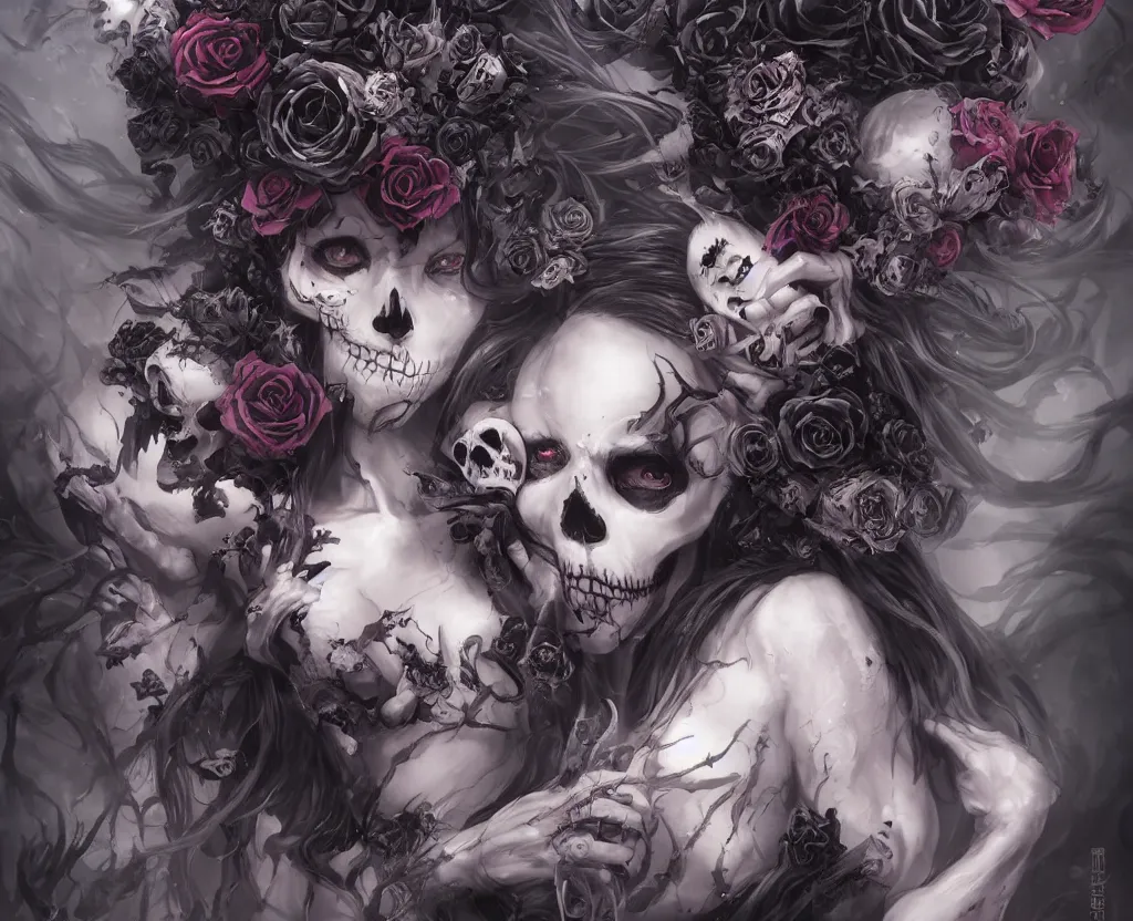 Image similar to a chaotic goddess of death skull black rose s day of the dead atmospheric, dramatic, concept art by a professional manga illustrator, Stanley Artgerm Lau, WLOP, Rossdraws, James Jean, Andrei Riabovitchev, Marc Simonetti, and Sakimichan hyperrealist, cinema4D, 8k highly detailed ❤️‍🔥 🔥 💀 🤖 🚀