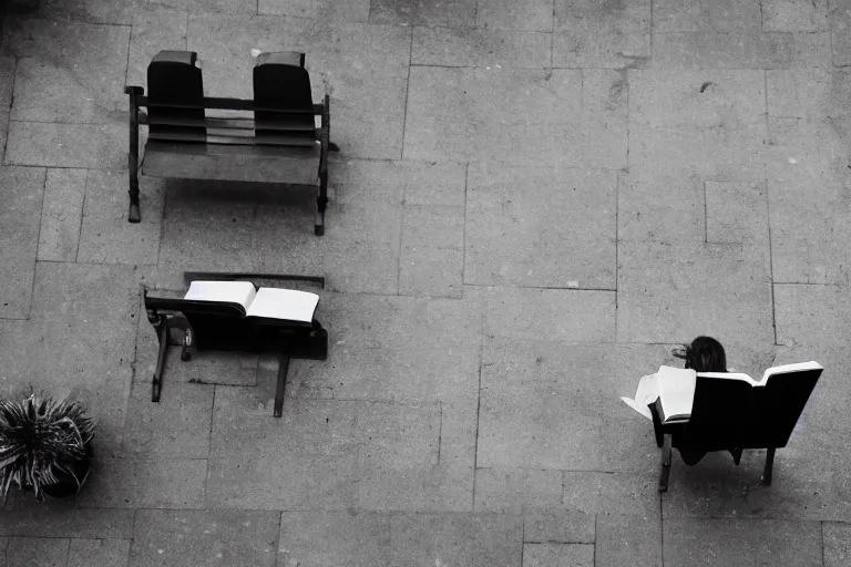 Image similar to A photograph of a woman reading a book while sitting on a bench in an empty courtyard, next to the other vacant bench, looking down from above, black and white photo.ISO200,F4.5,80mm,1/30,Nikon D3.