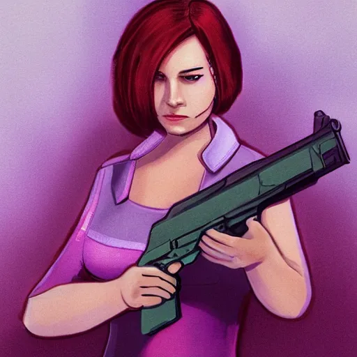 Image similar to A pink sci-fi woman with a gun, in the style of realism.