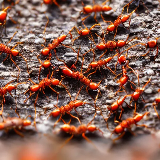 Image similar to ants at war, macro photography, 8 k, cinematic lighting, shallow depth of field,