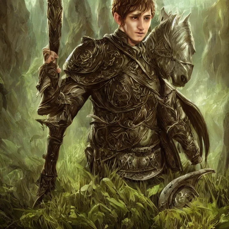 Prompt: handsome elvish warrior, stream, clouds, grass, forest, trees, facing the woods, lord of the rings style, fantasy, poster, character portrait, portrait, close up, concept art, intricate details, highly detailed, full body, 8 k, detailed face, body