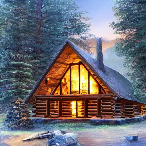 Prompt: log cabin with a fire place, highly detailed, matte painting, concept art, trending on artstation, artstationHD, artstationHQ, 4k, 8k