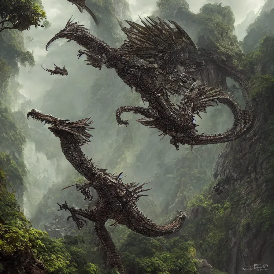 Image similar to hyperrealistic matte painting of futuristic robot quetzalcoatl, dragon, feathered dragon, flying above the jungle by eddie mendoza, jim burns, ed binkley, beeple, 4 k, trending on cgsociety