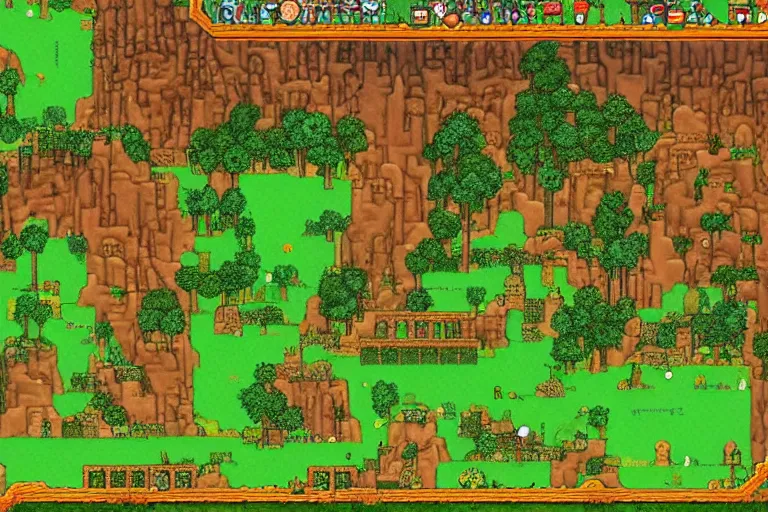 Image similar to beautiful arcadian landscape of a forested valley, ancient ruins in the distance, the art of terraria