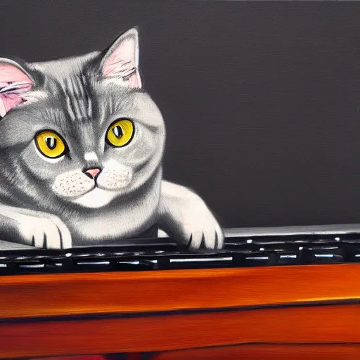 Image similar to grey british shorthair cat with colorful stripes sitting on piano keys with musical notes in the background ultra detailed realistic fine art painting 4 k