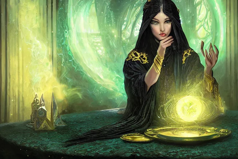 Prompt: a beautiful sorceress wearing a black robe with gold embroidery, sitting at table, casting a spell, green glows, painted by wlop and tom bagshaw, in the style of magic the gathering, highly detailed digital art