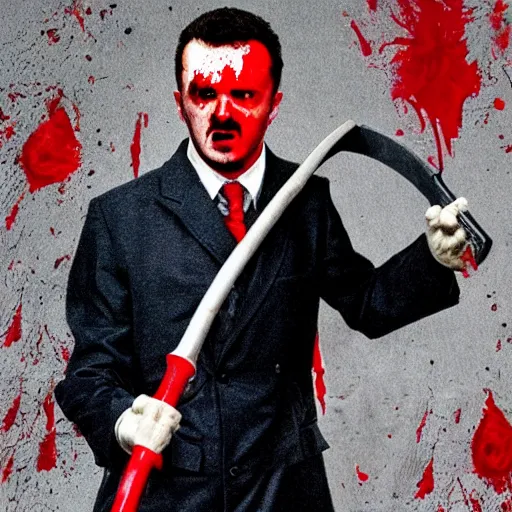 Image similar to Igor Ghirkin Strelkov as The American Psycho holding an axe, covered in blood, donning a raincoat, cinematic still