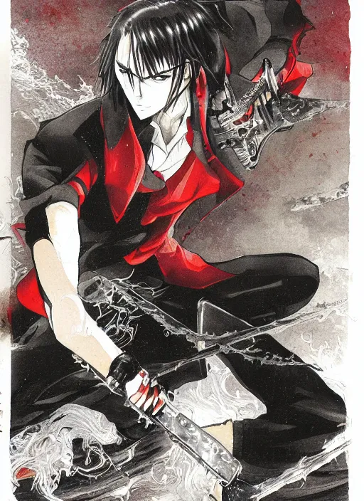 Image similar to illustration by tatsuki fujimoto of a handsome male vampire, long black hair, glowing red eyes, light brown coat, chainsaw sword