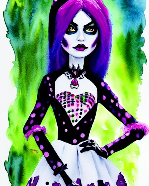 Prompt: watercolor portrait of monster high draculaura doll, by sabrina eras, alice x. zhang, blanca alvarez, liu yi, watercolor