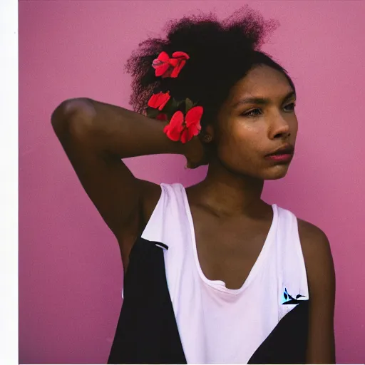 Image similar to realistic! photoshoot for a new nike lookbook, color film photography, portrait of a beautiful woman, woman got a flower in her hair, in style of tyler mitchell, 35mm