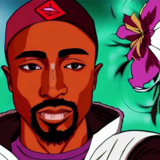 Image similar to Tupac Shakur, screenshot from a 2012s anime