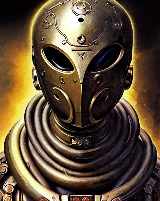 Image similar to zenyatta from overwatch, heavey metal magazine cover, character portrait, portrait, close up, concept art, intricate details, highly detailed, in the style of frank frazetta, r. giger, esteban maroto, richard corben, pepe moreno, matt howarth, stefano tamburini, tanino liberatore, luis royo and alex ebel