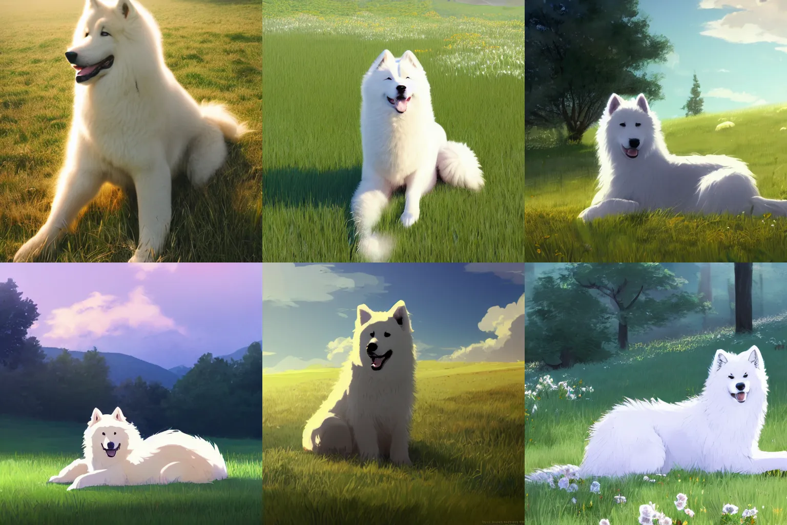 Prompt: a samoyed dog sitting in the middle of sunny meadow, trending on artstation, by makoto shinkai