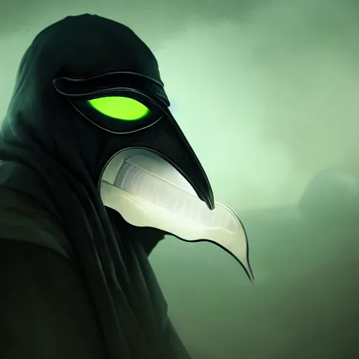 Prompt: portrait of a feminine plague doctor, front angle, green glowing eyes and background with detailed fog background and foreground, stunning 3 d render inspired art by greg rutkowski and xiang duan and thomas eakes, realistic, highly detailed attributes and atmosphere, dim volumetric cinematic lighting, 8 k octane detailed render, post - processing, masterpiece, soft vignette