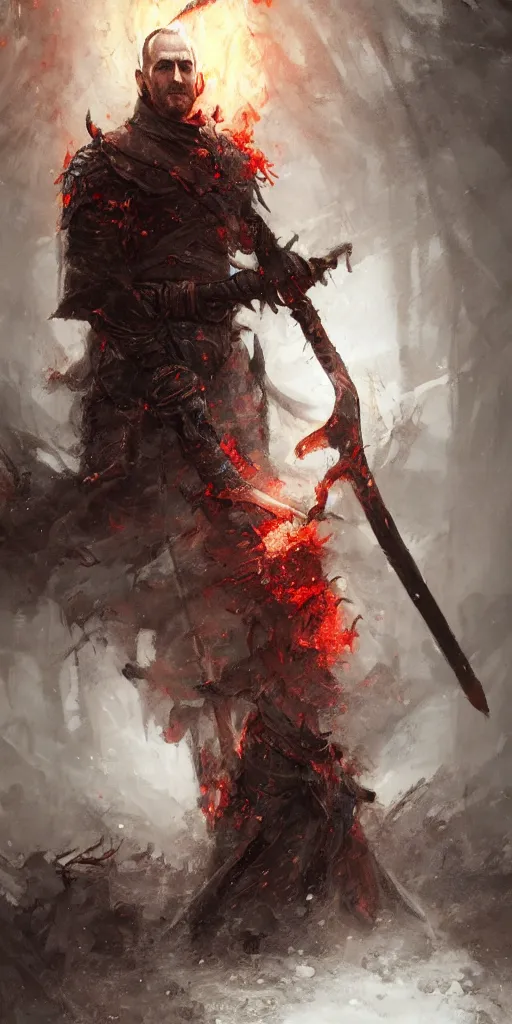 Image similar to stannis baratheon, artstation, jakub rozalski, flaming sword, high detail, dramatic lighting