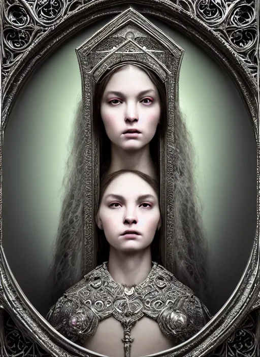 Prompt: hyperrealistic mixed media portrait of a beautiful female holy cleric, stunning 3d render inspired art by Mark Ryden + perfect facial symmetry + dim volumetric lighting, ornate silver gothic armor, swirling radiant energy, 8k octane beautifully detailed render, post-processing, extremely hyperdetailed, intricate, epic composition, grim yet sparkling atmosphere, cinematic lighting + masterpiece, trending on artstation, Art Nouveau