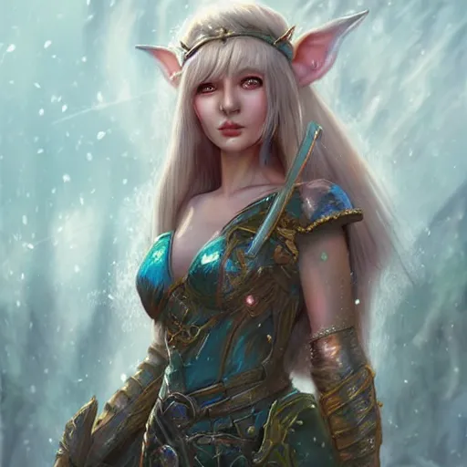 Prompt: a hyperrealistic fantasy illustration of a beautiful elf princess. Trending on ArtStation. In the style of Jason Chan, Tuomas Korpi and WLOP. Epic fantasy art. Terry Pratchett