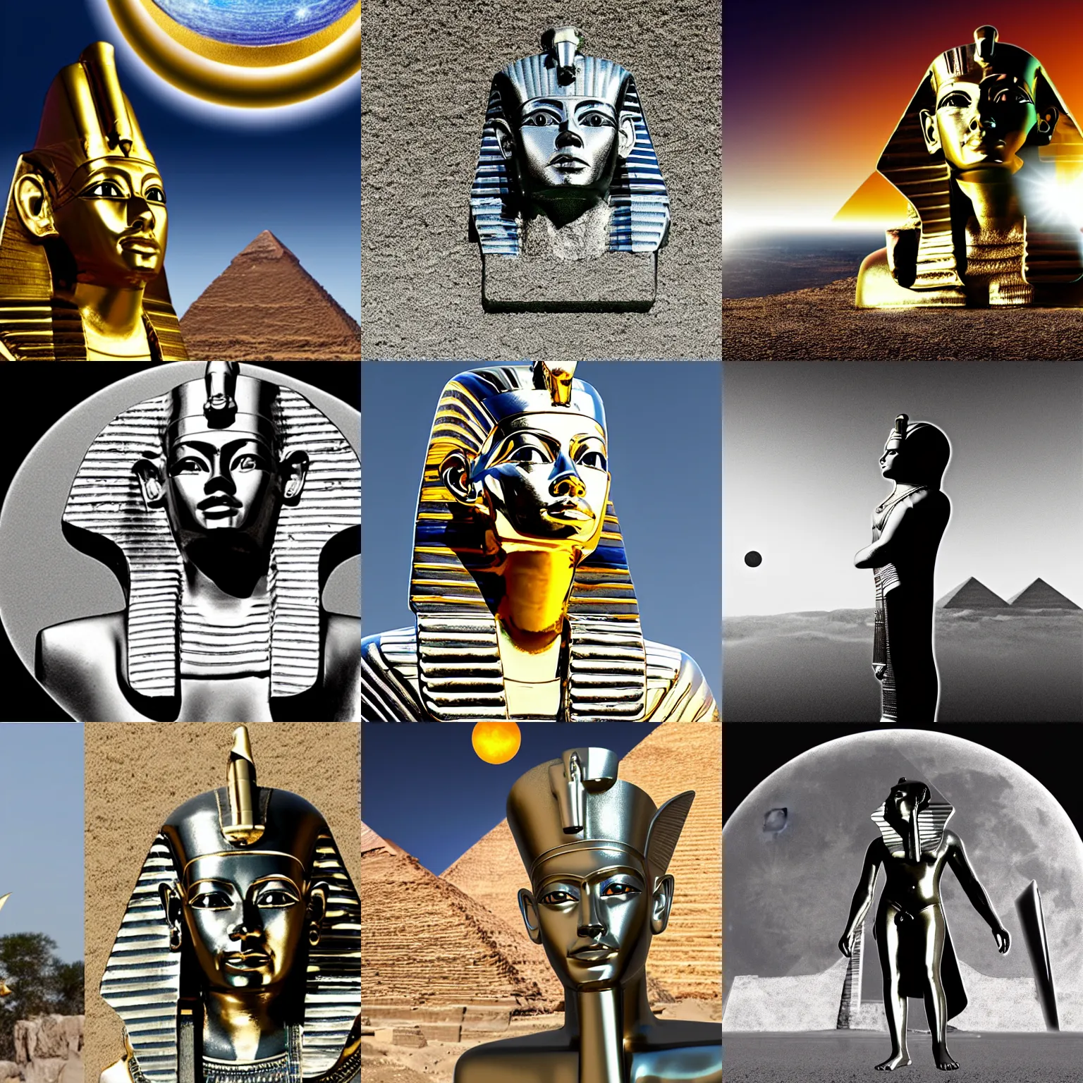 Prompt: photo realistic chrome plated Egyptian pharaoh in front of an eclipse