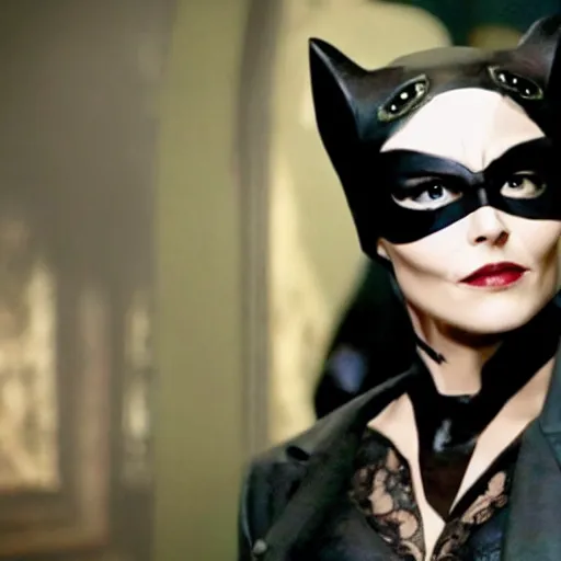Prompt: film still of johnny depp as catwoman in the new batman movie, 4 k