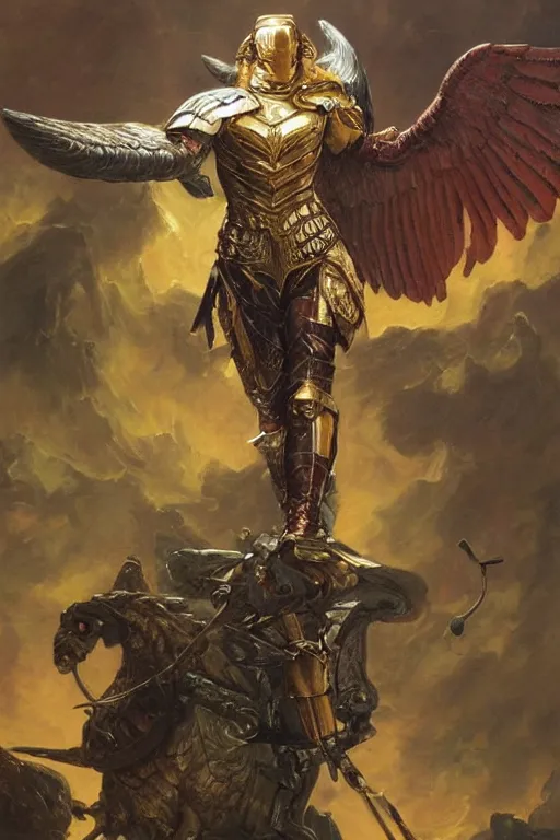 Prompt: a beautiful valkyrie , half body portrait, ginger hair, heavy gold armour, realistic oil painting by Thomas Cole and Wayne Barlowe and Boris Valejo