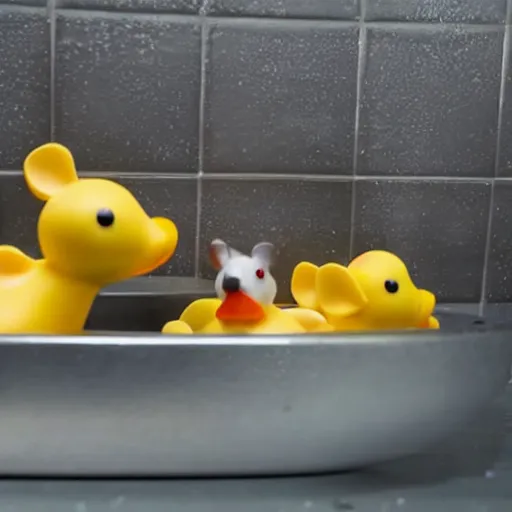 Prompt: photo of Rats bathing in a kitchen sink, with foam and rubber ducks. From 2 meters away.