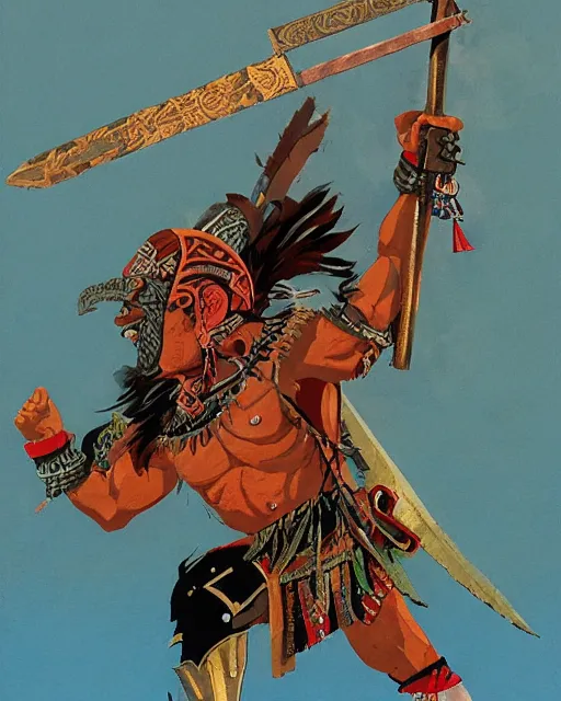 Image similar to aztec warrior, hirsute epic level dnd human fighter, wielding the godshammer, a magical war hammer, wearing magical armor. thick quads. full character concept art, realistic, high detail digital gouache painting by angus mcbride and michael whelan.