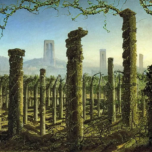 Image similar to a data center surrounded by ancient ruins and covered in vines, Caspar David Friedrich, oil painting