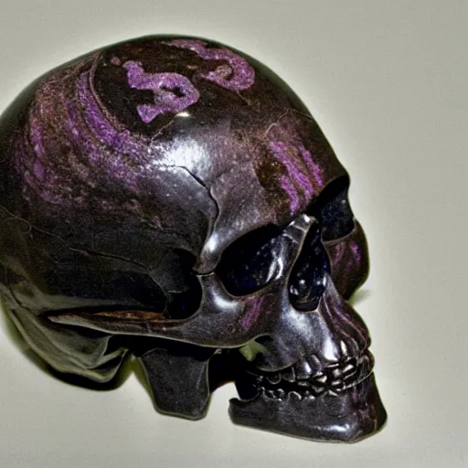 Prompt: human skull made of obsidian and amethyst, gold runic carvings