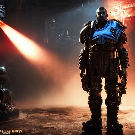 Image similar to Kanye West as the emperor of humanity from warhammer 40k in Gears of War, warzone, battle, splash art, movie still, cinematic lighting, detailed face, face, dramatic, octane render, long lens, shallow depth of field, bokeh, anamorphic lens flare, 8k, hyper detailed, 35mm film grain
