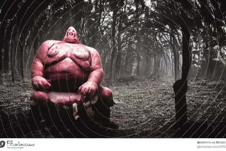 Image similar to big fat butcher with a scary face chops a piece of meat on the stump in a dark forest, night scene, old photo, scary, creepy, terrible atmosphere