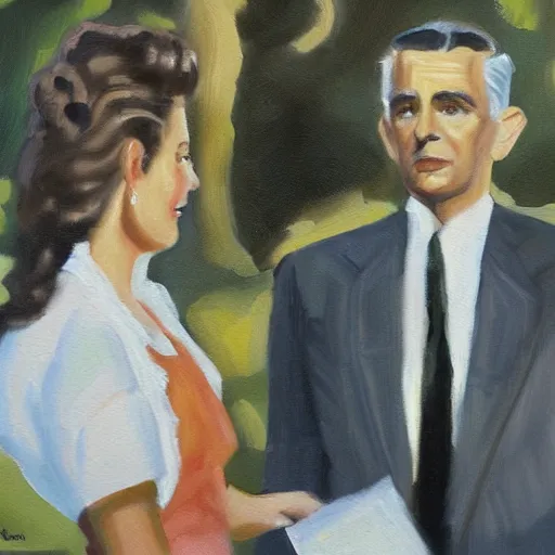 Prompt: an oil painting from a random scene in ‘ the philadelphia story. ’