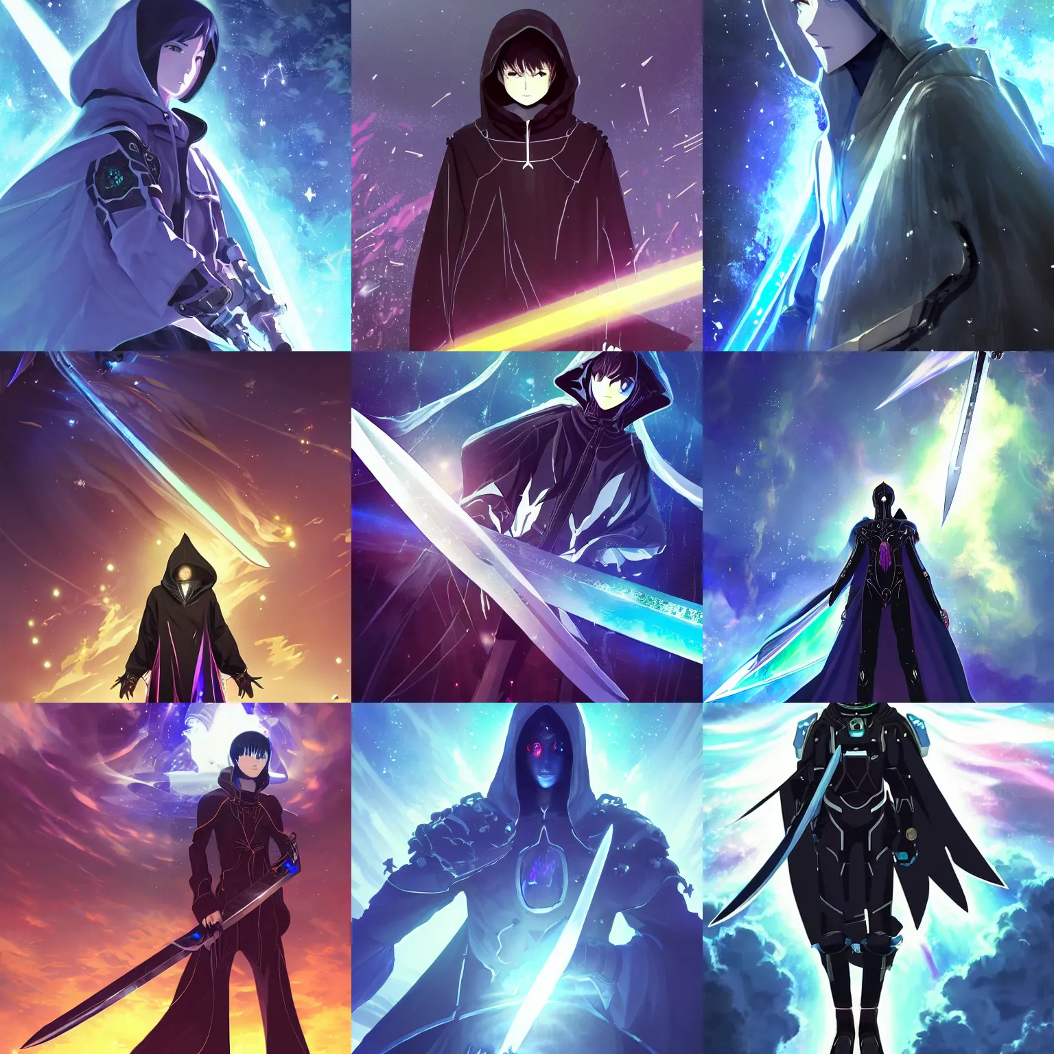 Prompt: planet - destroying ominous hooded omnipotent beautiful rich being hovering in space with iridescent gothic crystal sword and intricate dark cybernetic armor vibrant dynamic portrait by makoto shinkai