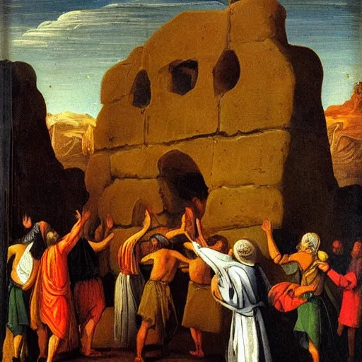 Prompt: israelites worshipping golden calf, old testament, early modern era painting