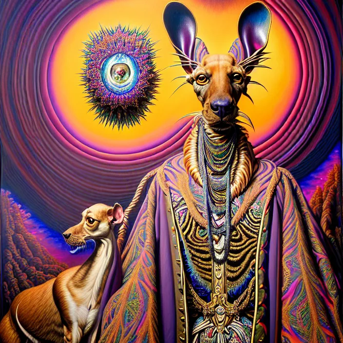 Image similar to beautiful oil painting, full length portrait of zulu dauphinois in baroque coronation robes 1701, Dan Mumford, Dan Mumford, Alex grey, hyacinthe rigaurd, highly detailed , lsd visuals, dmt fractal patterns, visionary art, psychedelic art, ornate, vaporwave, baroque, Greg rutkowski