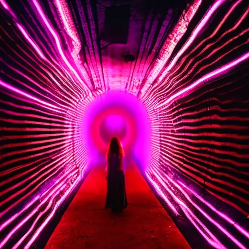 Image similar to woman on an acid trip through a tunnel, neon volumetric lights,