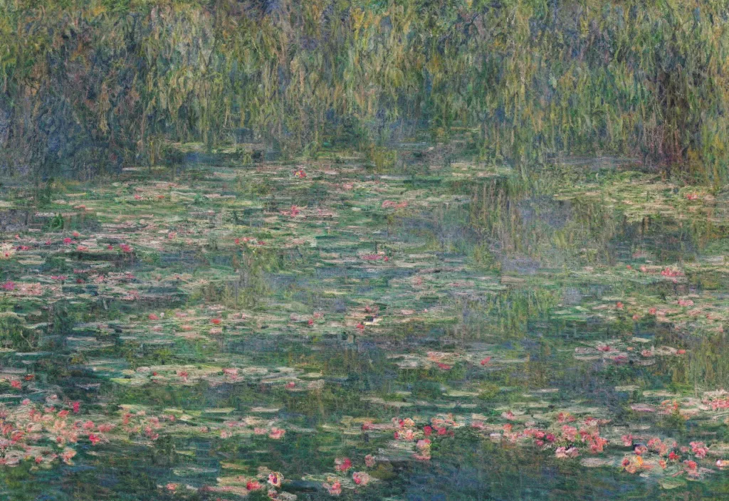 Image similar to a beautiful painting of a pond in spring time by Monet, Wes Anderson, James Jean, trending on Artstation, 4k