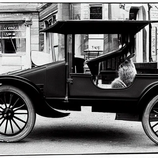 Prompt: a rabbit sitting inside a model t ford, black and white photograph